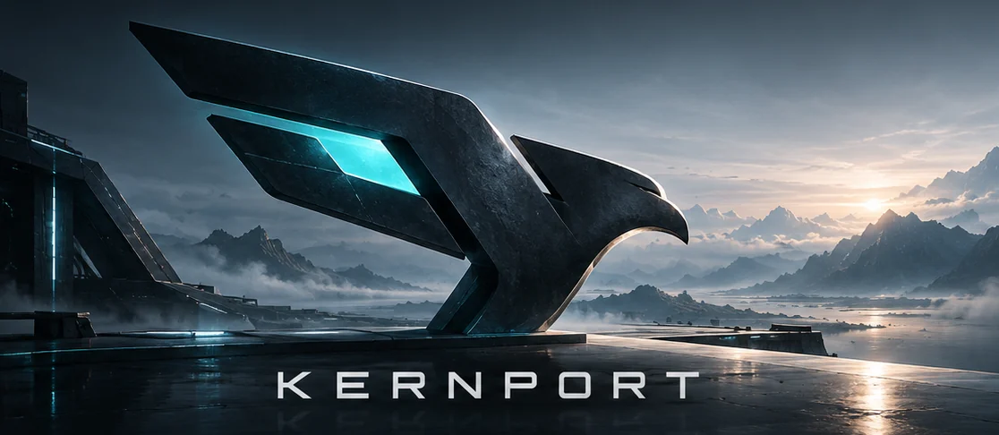 Falcon title image: dark falcon with a cyan inset and Kernport lettering against a mountain landscape